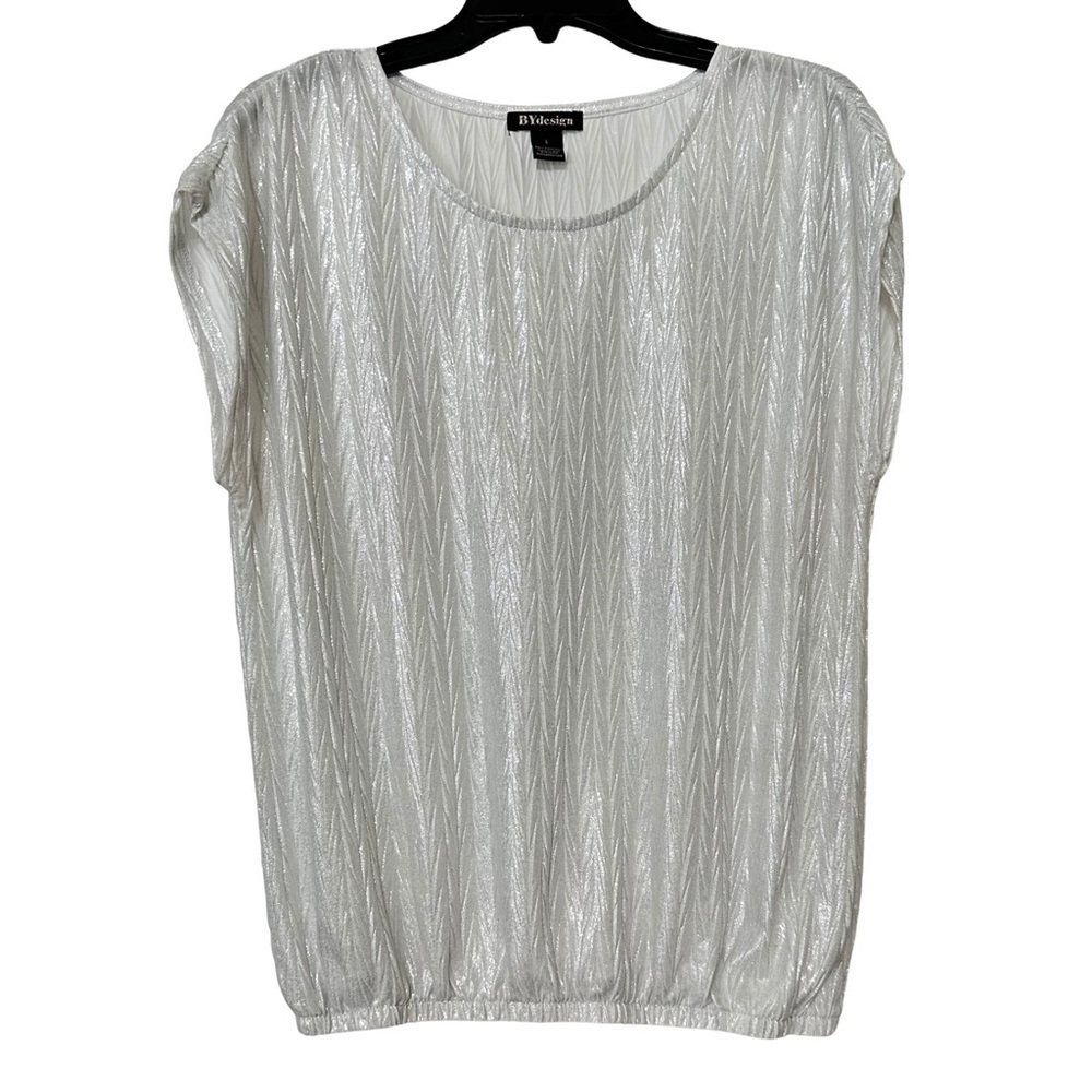 BYdesign Silver Metallic Shimmer Short Sleeve Stretch Hem Evening Top Sz L